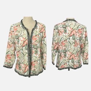 Chico’s Blazer Botanical Print Fringe Linen Blend Open Jacket Size 1 Medium 8/10